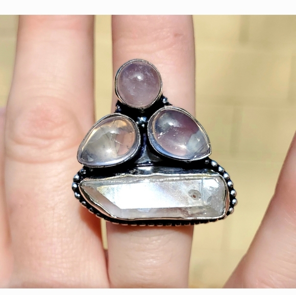 New Rose Quartz & Aura Quartz Crystal 925 Silver Ring. - Picture 9 of 13